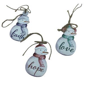 Snowman Christmas Wood Ornaments Inspirational Words 4” Faith Hope Love Set of 3
